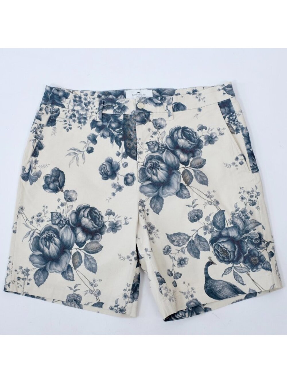 Sabyasachi x H&M mens 52 / 36 R shorts pants floral peacock print cotton blue
